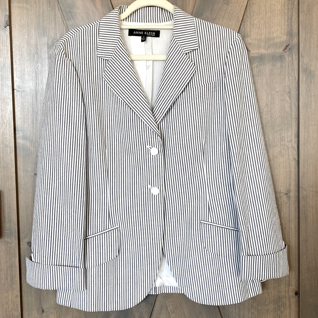 Anne Klein Blazer Seersucker Pinstripe Light Black White Size 12